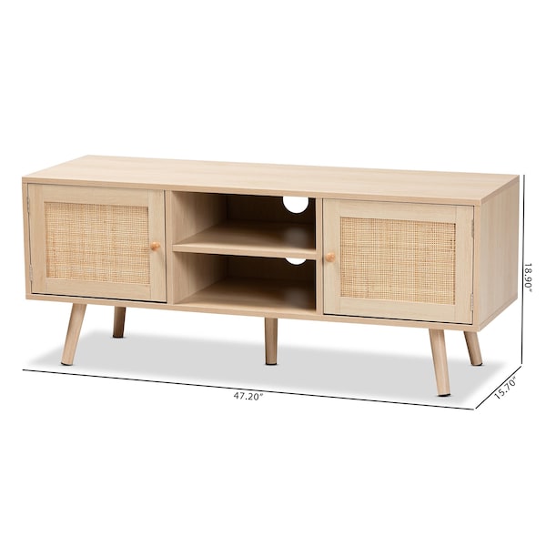 Baxton Studio Sebille Mid-Century Modern Light Brown Finished Wood 2-Door TV Stand with Natural Rattan - 207-12462