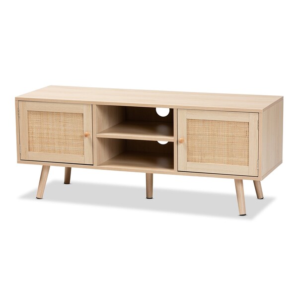 Baxton Studio Sebille Mid-Century Modern Light Brown Finished Wood 2-Door TV Stand with Natural Rattan - 207-12462