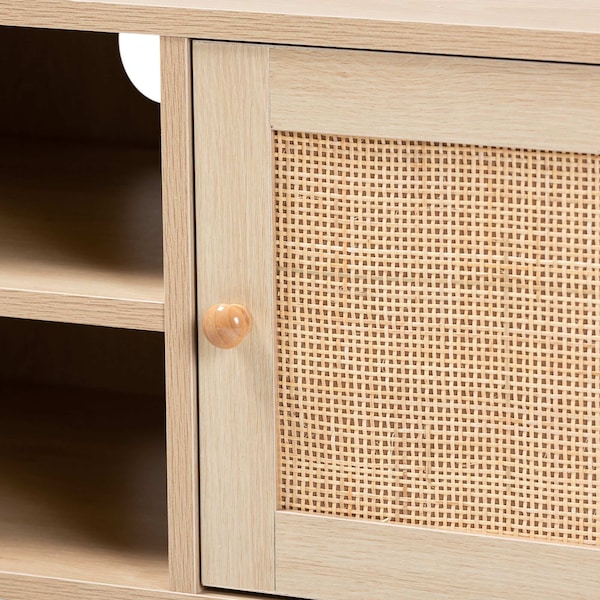 Baxton Studio Sebille Mid-Century Modern Light Brown Finished Wood 2-Door TV Stand with Natural Rattan - 207-12462