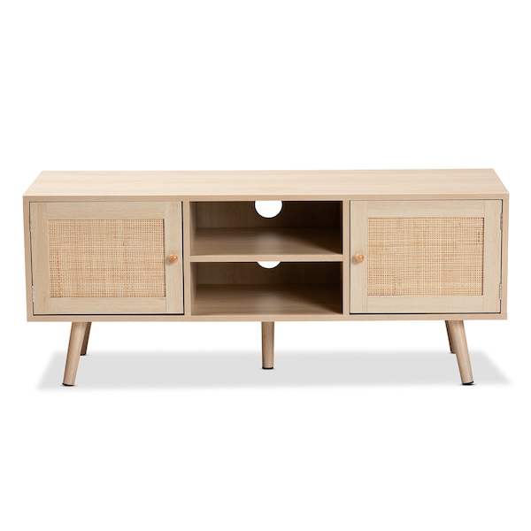 Baxton Studio Sebille Mid-Century Modern Light Brown Finished Wood 2-Door TV Stand with Natural Rattan - 207-12462