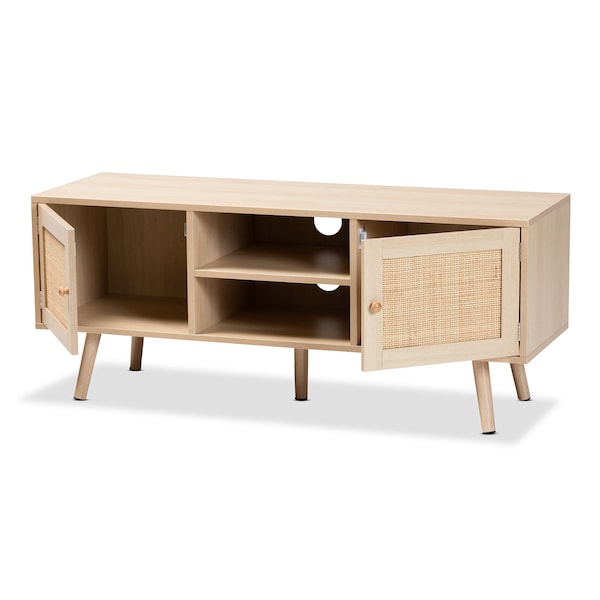 Baxton Studio Sebille Mid-Century Modern Light Brown Finished Wood 2-Door TV Stand with Natural Rattan - 207-12462