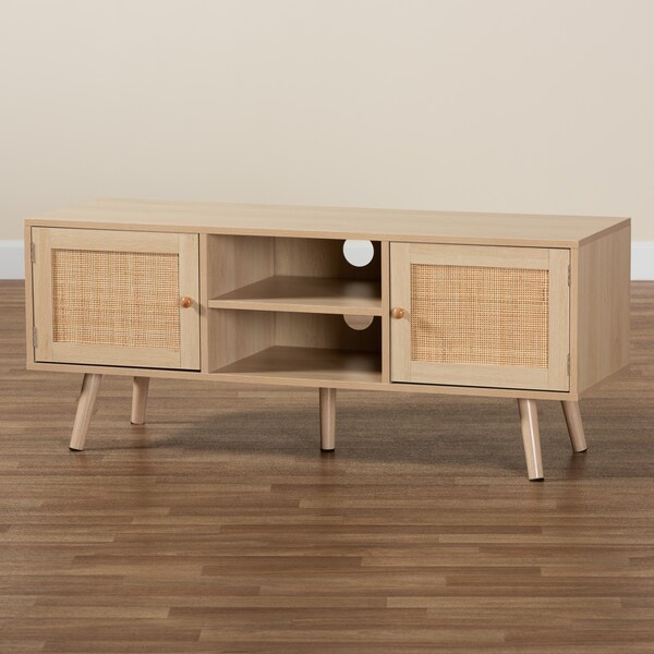 Baxton Studio Sebille Mid-Century Modern Light Brown Finished Wood 2-Door TV Stand with Natural Rattan - 207-12462