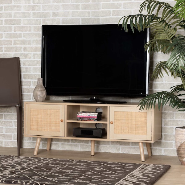 Baxton Studio Sebille Mid-Century Modern Light Brown Finished Wood 2-Door TV Stand with Natural Rattan - 207-12462