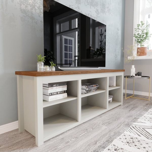 Flash Furniture Kilead Farmhouse TV Stand for up to 80in. Engineered Wood Console w/Open Storage, White w/Walnt Top - GC-MBLK66-WH-GG
