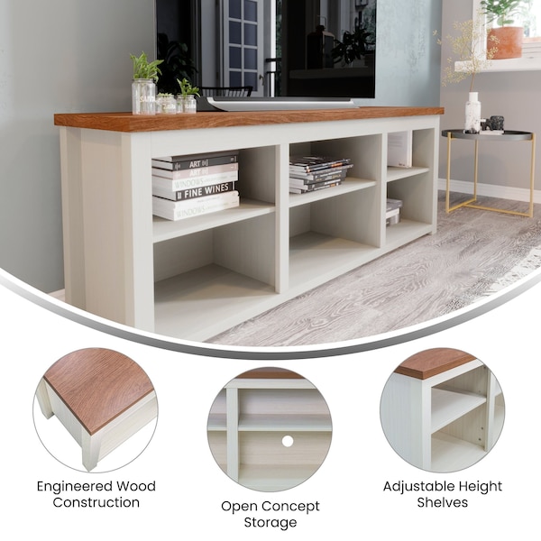 Flash Furniture Kilead Farmhouse TV Stand for up to 80in. Engineered Wood Console w/Open Storage, White w/Walnt Top - GC-MBLK66-WH-GG
