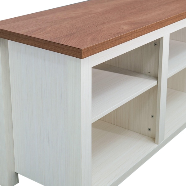 Flash Furniture Kilead Farmhouse TV Stand for up to 80in. Engineered Wood Console w/Open Storage, White w/Walnt Top - GC-MBLK66-WH-GG