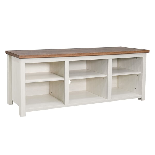 Flash Furniture Kilead Farmhouse TV Stand for up to 80in. Engineered Wood Console w/Open Storage, White w/Walnt Top - GC-MBLK66-WH-GG