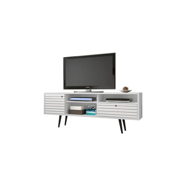 Designed To Furnish Liberty 70.86 in. Mid Century-Modern TV Stand, 4 Shelving Spaces & 1 Drawer in White, Solid Wood Leg - DE889658