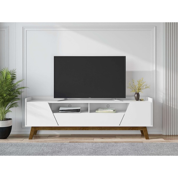 Manhattan Comfort Mid-Century Modern Marcus 70.86 TV Stand with Solid Wood Legs in White - 261BMC6