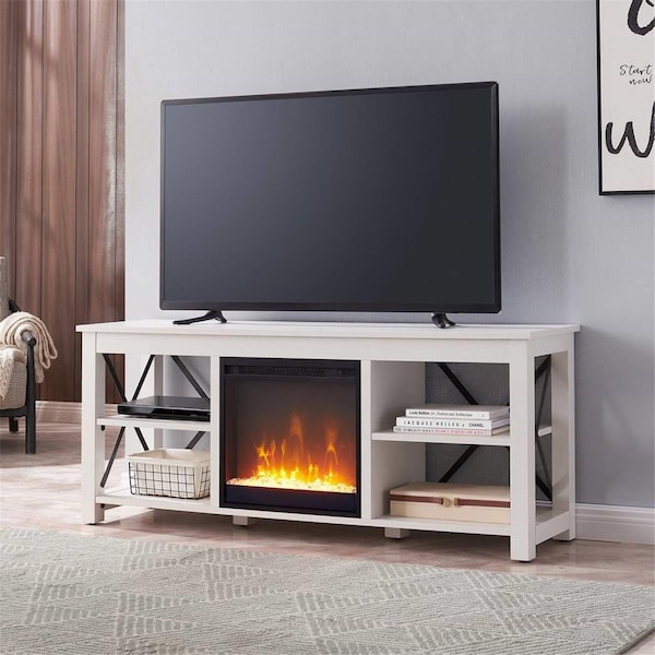 Henn & Hart Henn & Hart TV1012 58 in. Sawyer White TV Stand with Crystal Fireplace Insert - TV1012