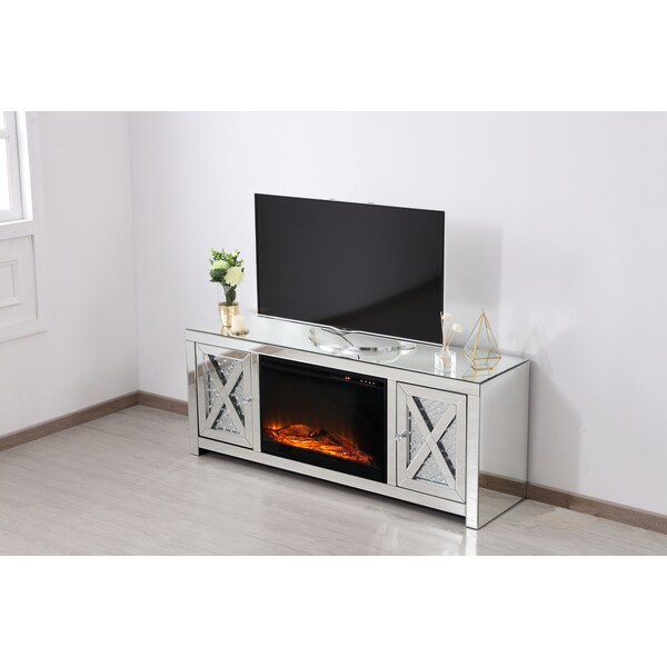 Elegant Decor 59 In. Crystal Mirrored Tv Stand With Wood Log Insert Fireplace, 2PK - MF9904-F1
