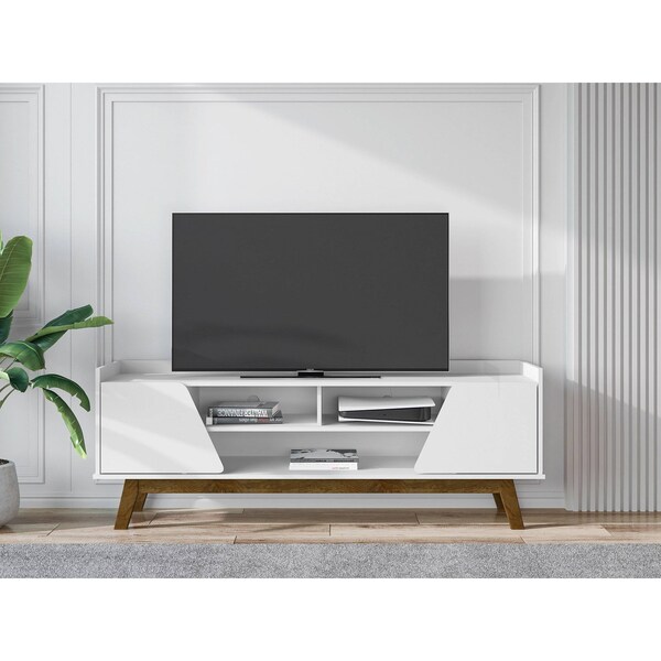 Manhattan Comfort Mid-Century Modern Marcus 62.99 TV Stand with Solid Wood Legs in White - 260BMC6