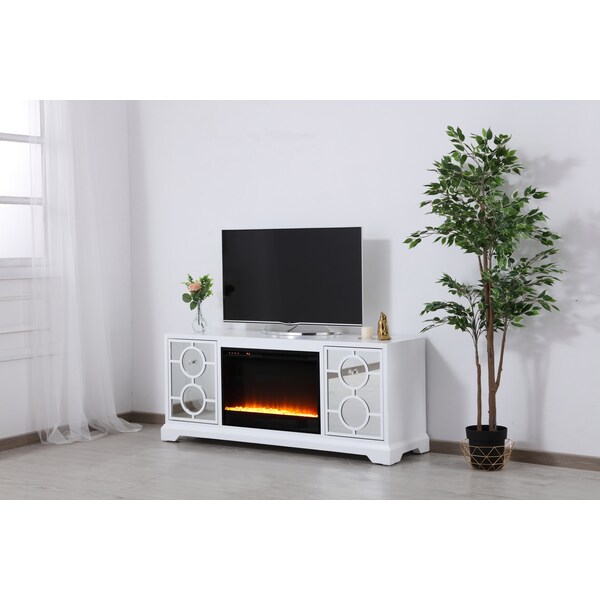 Elegant Decor 60 In. Mirrored Tv Stand With Crystal Fireplace Insert In White, 2PK - MF801WH-F2