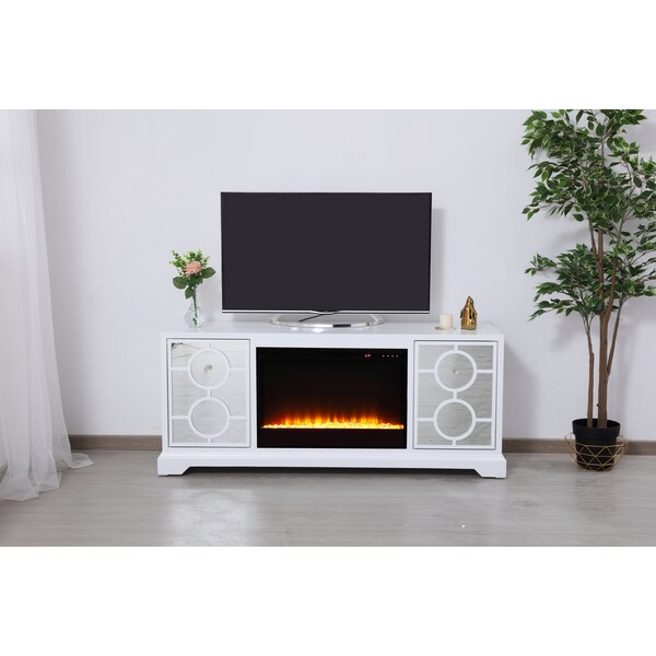 Elegant Decor 60 In. Mirrored Tv Stand With Crystal Fireplace Insert In White, 2PK - MF801WH-F2