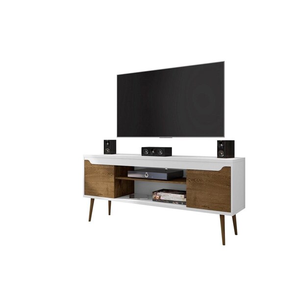 Designed To Furnish Bradley TV Stand White, Rustic Brown, 2 Media Shelves, 2 Storage Shelves, 26.57 x 62.99 x 14.17 in. - DE2616430
