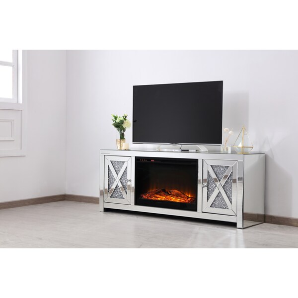 Elegant Decor 59 In. Crystal Mirrored Tv Stand With Wood Log Insert Fireplace, 2PK - MF9903-F1
