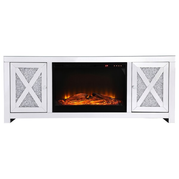 Elegant Decor 59 In. Crystal Mirrored Tv Stand With Wood Log Insert Fireplace, 2PK - MF9903-F1