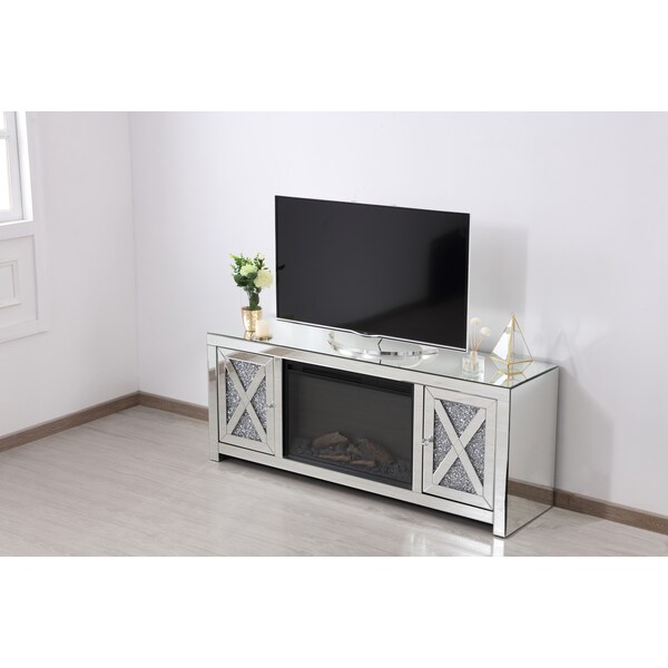 Elegant Decor 59 In. Crystal Mirrored Tv Stand With Wood Log Insert Fireplace, 2PK - MF9903-F1