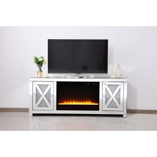 Elegant Decor 59 In.Crystal Mirrored Tv Stand With Crystal Insert Fireplace, 2PK - MF9903-F2