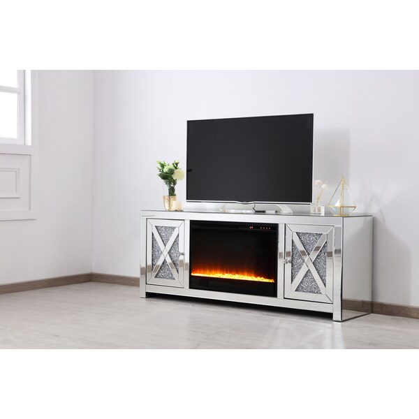 Elegant Decor 59 In.Crystal Mirrored Tv Stand With Crystal Insert Fireplace, 2PK - MF9903-F2