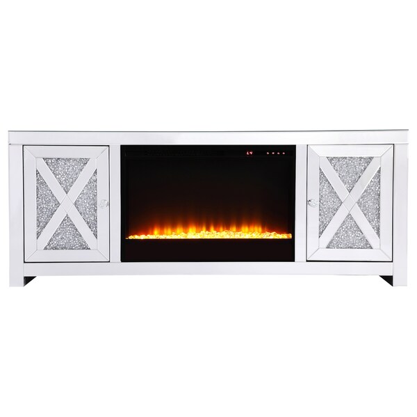 Elegant Decor 59 In.Crystal Mirrored Tv Stand With Crystal Insert Fireplace, 2PK - MF9903-F2