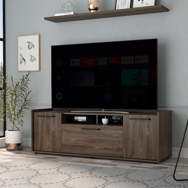 Tuhome Lyon Tv Stand for TV's up 55 in. One Cabinet, Double Door, Dark Walnut - RLC6704