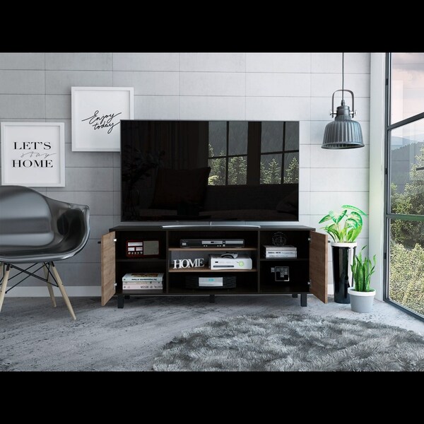 Tuhome Kaia Tv Stand for TV's up 55 in. Four Shelves, Three Shelves, Black/Pine - RVA3989