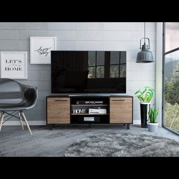 Tuhome Kaia Tv Stand for TV's up 55 in. Four Shelves, Three Shelves, Black/Pine - RVA3989