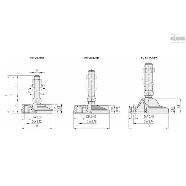 Elesa Levelling elements for ground mounting, LV.F-100-14-AS-SST-3/8-16x4 - LV.F-SST (INCH SIZES)