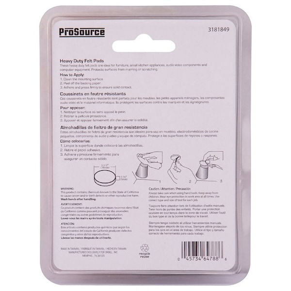 Prosource Furniture Pad, Felt Cloth, Beige, 1-1/2 in Dia, 3/16 in Thick, Round - FE-S101-PS