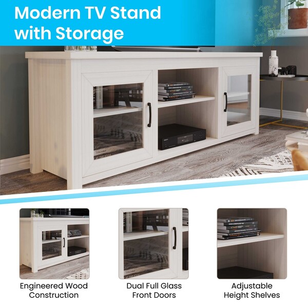 Flash Furniture Gray Wash Oak TV Stand - Glass Fronted Doors 65" - GC-MBLK65-WH-GG