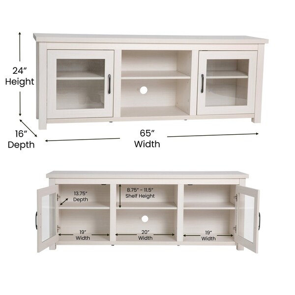 Flash Furniture Gray Wash Oak TV Stand - Glass Fronted Doors 65" - GC-MBLK65-WH-GG