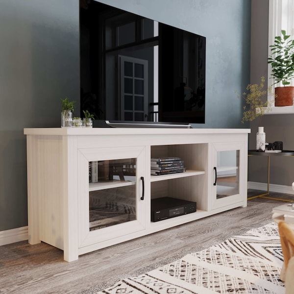 Flash Furniture Gray Wash Oak TV Stand - Glass Fronted Doors 65" - GC-MBLK65-WH-GG