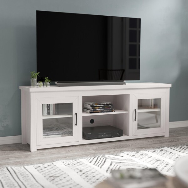 Flash Furniture Gray Wash Oak TV Stand - Glass Fronted Doors 65" - GC-MBLK65-WH-GG
