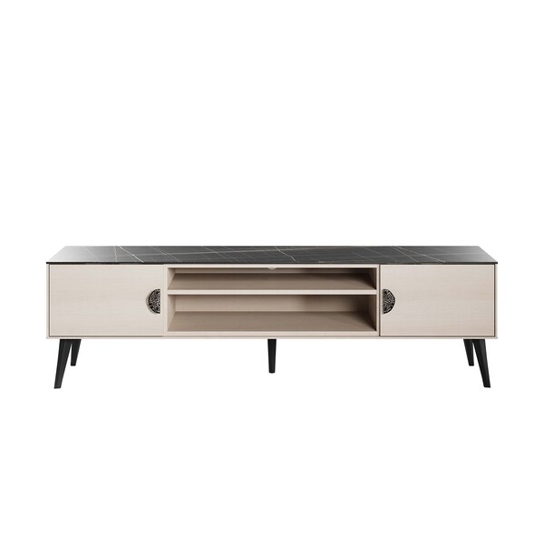 Manhattan Comfort Haley TV Stand 70.9 in White & Black Marble  in White and Black Marble - TV004-WB