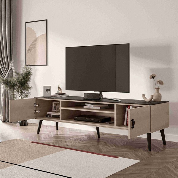 Manhattan Comfort Haley TV Stand 70.9 in White & Black Marble  in White and Black Marble - TV004-WB