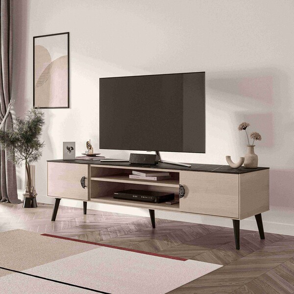 Manhattan Comfort Haley TV Stand 70.9 in White & Black Marble  in White and Black Marble - TV004-WB
