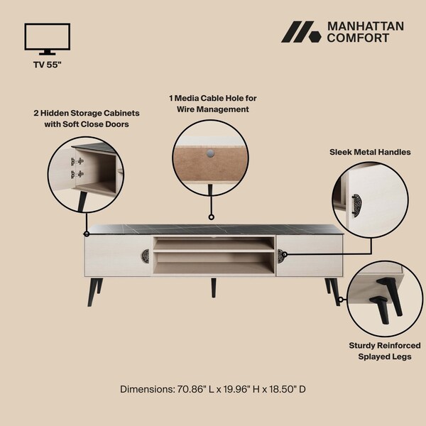 Manhattan Comfort Haley TV Stand 70.9 in White & Black Marble  in White and Black Marble - TV004-WB
