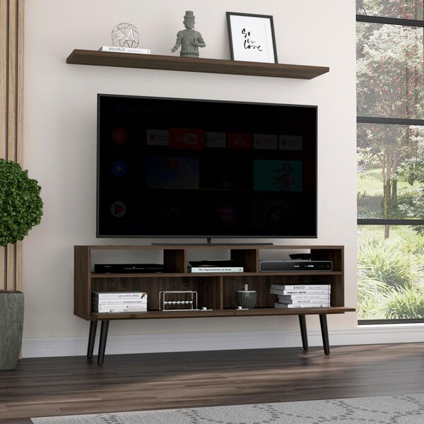 Tuhome Oslo Tv Stand for TV's up 51 in. Two Drawers, Four Legs, Three Open Shelves, Dark Walnut - RLC6708