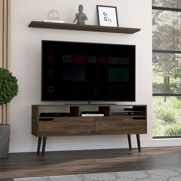 Tuhome Oslo Tv Stand for TV's up 51 in. Two Drawers, Four Legs, Three Open Shelves, Dark Walnut - RLC6708