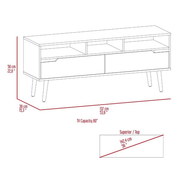 Tuhome Oslo Tv Stand for TV's up 51 in. Two Drawers, Four Legs, Three Open Shelves, Dark Walnut - RLC6708