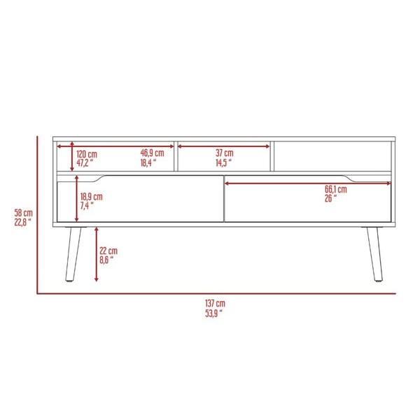 Tuhome Oslo Tv Stand for TV's up 51 in. Two Drawers, Four Legs, Three Open Shelves, Dark Walnut - RLC6708
