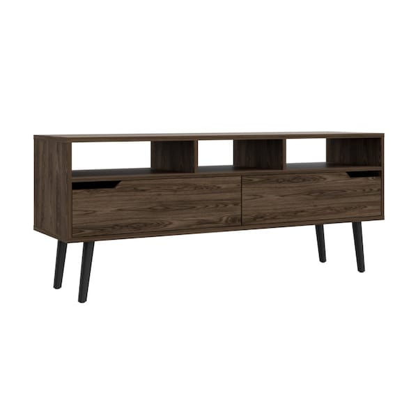 Tuhome Oslo Tv Stand for TV's up 51 in. Two Drawers, Four Legs, Three Open Shelves, Dark Walnut - RLC6708