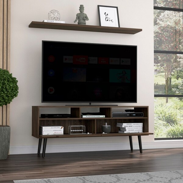 Tuhome Oslo Tv Stand for TV's up 51 in. Two Drawers, Four Legs, Three Open Shelves, Dark Walnut - RLC6708