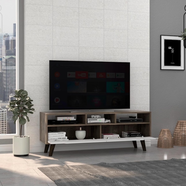 Tuhome Oslo Tv Stand for TV's up 51 in. Two Drawers, Four Legs, Three Open Shelves, Dark Brown/White - RBB7963