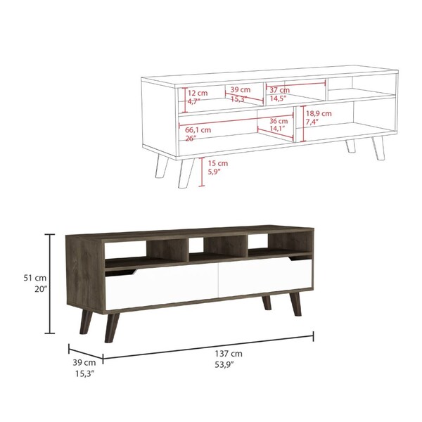 Tuhome Oslo Tv Stand for TV's up 51 in. Two Drawers, Four Legs, Three Open Shelves, Dark Brown/White - RBB7963