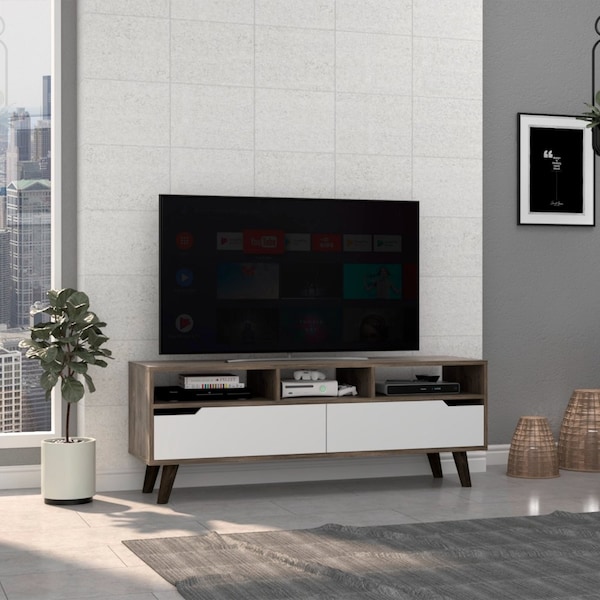 Tuhome Oslo Tv Stand for TV's up 51 in. Two Drawers, Four Legs, Three Open Shelves, Dark Brown/White - RBB7963