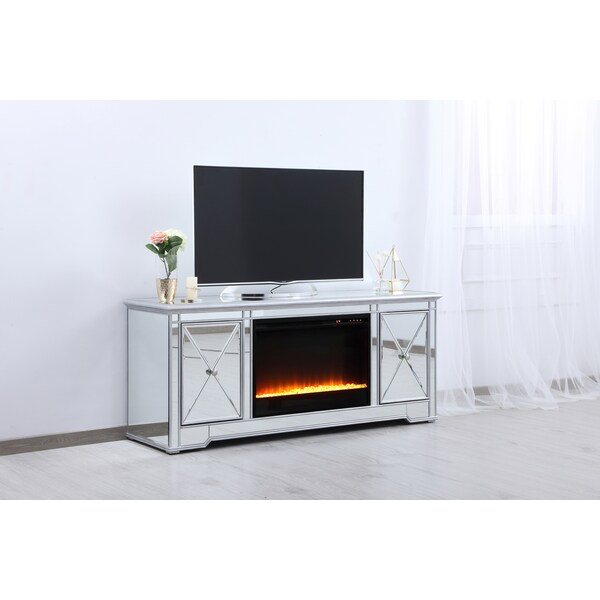 Elegant Decor 60 In. Mirrored Tv Stand With Crystal Fireplace Insert In Antique Slvr, 2PK, 677543 - MF601S-F2
