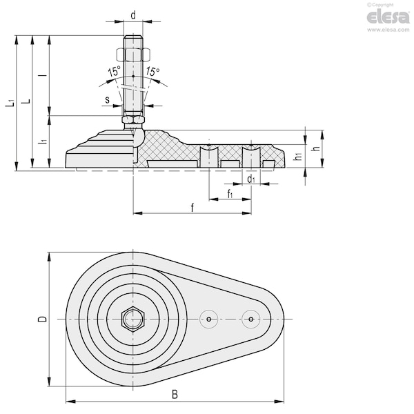 Elesa Levelling feet for ground mounting, LV.FO-60-14-M10x98 - LV.FO