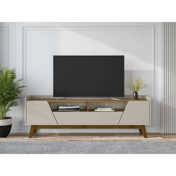 Manhattan Comfort Mid-Century Modern Marcus 70.86 TV Stand with Solid Wood Legs in Greige and Nature - 261BMC10